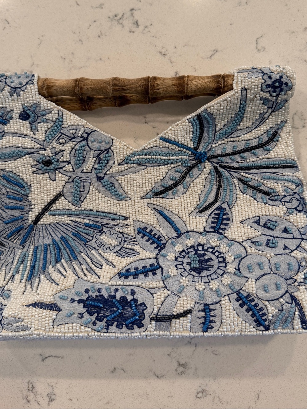 Viral Beaded Floral Handbag with Bamboo Handle - Blue & White - Picture 6 of 8